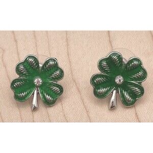 Green St. Patrick’s Day Four Leaf Clover Silver Tone Rhinestone Stud Earrings